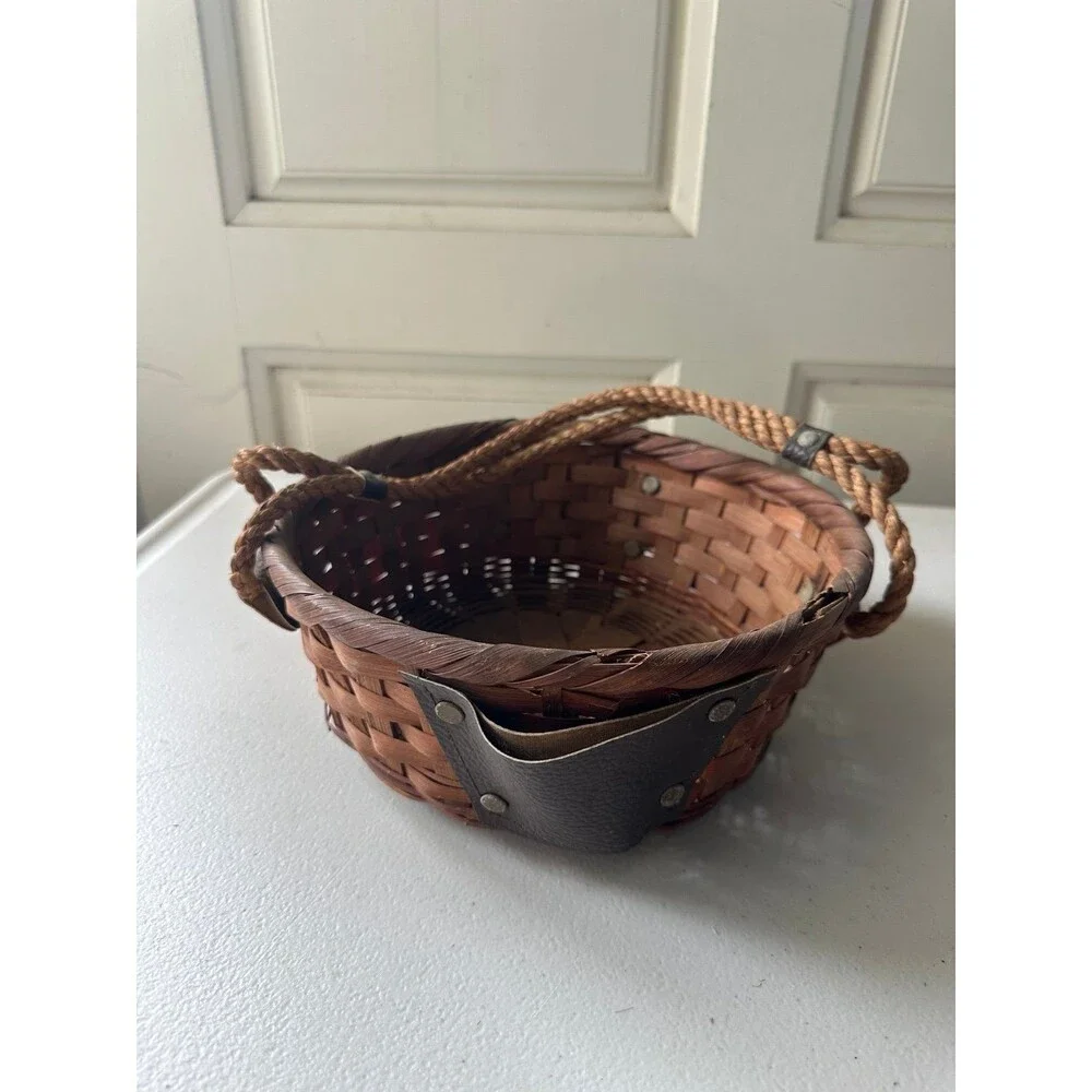 Vintage 50s Mid Century Japanese Wicker Leather Sewing Caddy Rope Handle Basket